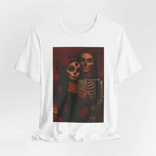 Day of the Dead couple Tee - Unisex Jersey Short Sleeve T-Shirt, Halloween Gift, Skeleton Love Shirt, Sugar Skull Costume Top, Punk Style Apparel
