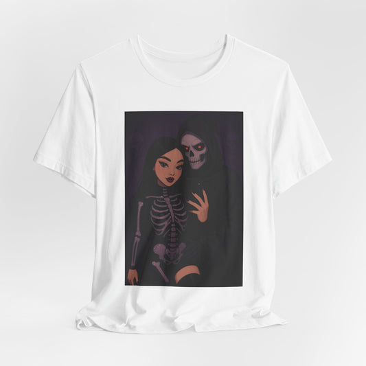 Skeleton Couple Unisex Tee, Halloween T-Shirt, Graphic Tee, Trendy Skull Shirt, Gothic Style Apparel, Perfect for Parties