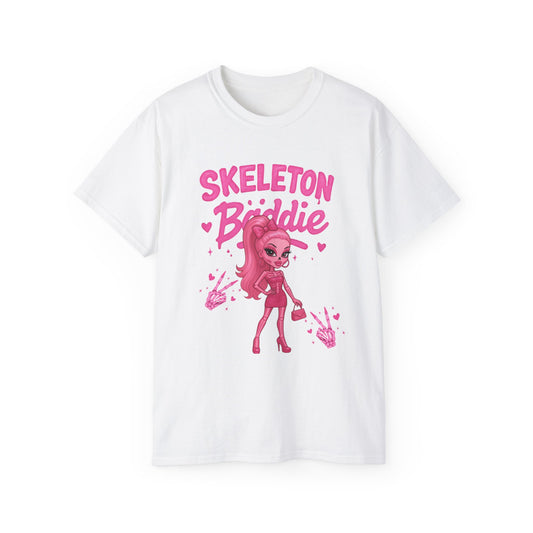 Skeleton Baddie Unisex Ultra Cotton Tee, Cute Graphic T-Shirt for Halloween, Party Wear, Gift for Friends, Casual Style